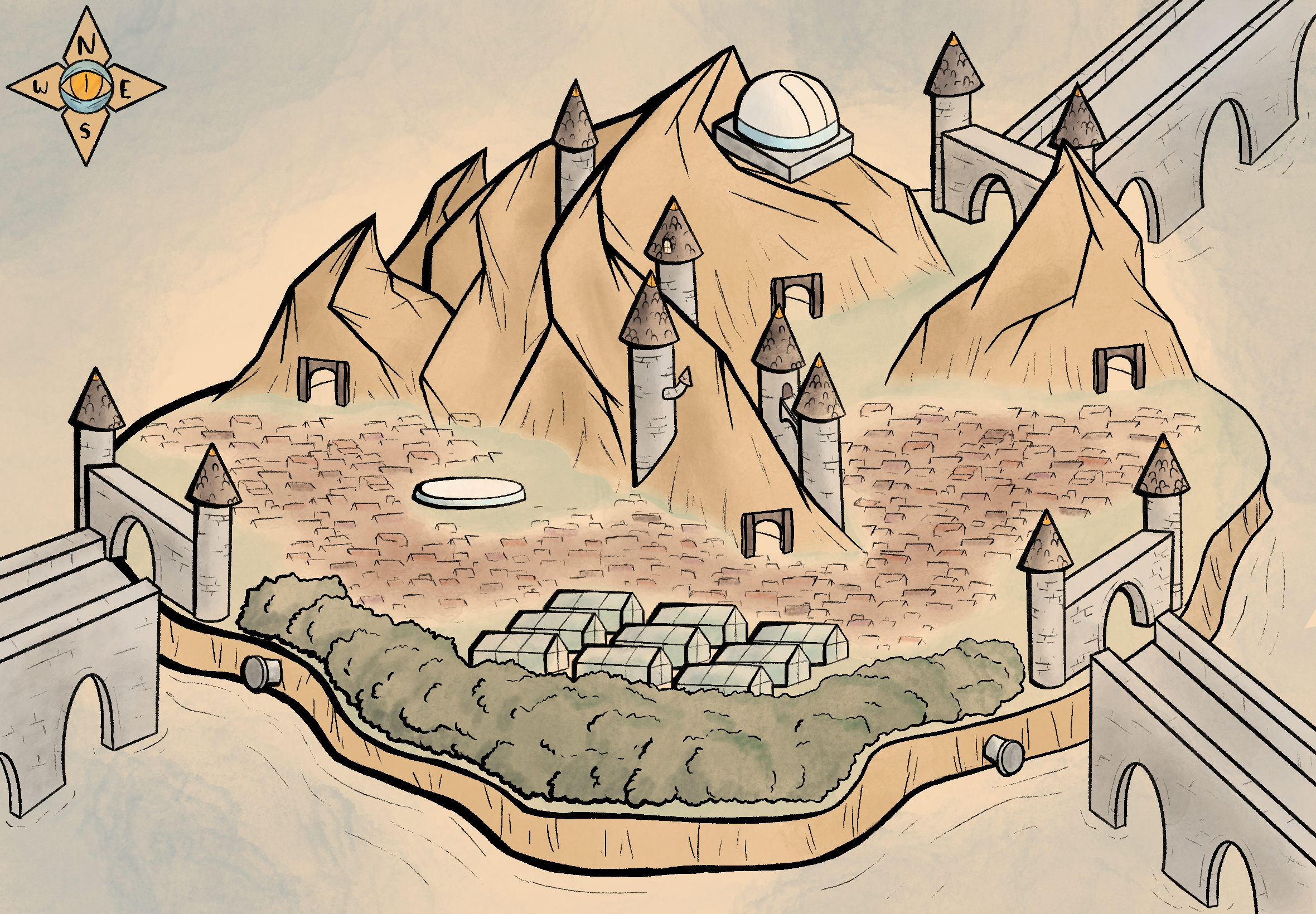 A digital illustration of a mountainous island. It is colored with a desaturated watercolor and contains numerous magical and odd things on it, such as a huge circular platform, a white sphere at the peak of the tallest mountain, and five different wizard towers. It is also host to four entrances to some underground tunnels and nine glass barns. It also has three bridges leading to it on the bottom left, right, and top right corners. There is a compass in the top left taking the appearance of a dragon's eye with a gold pupil.